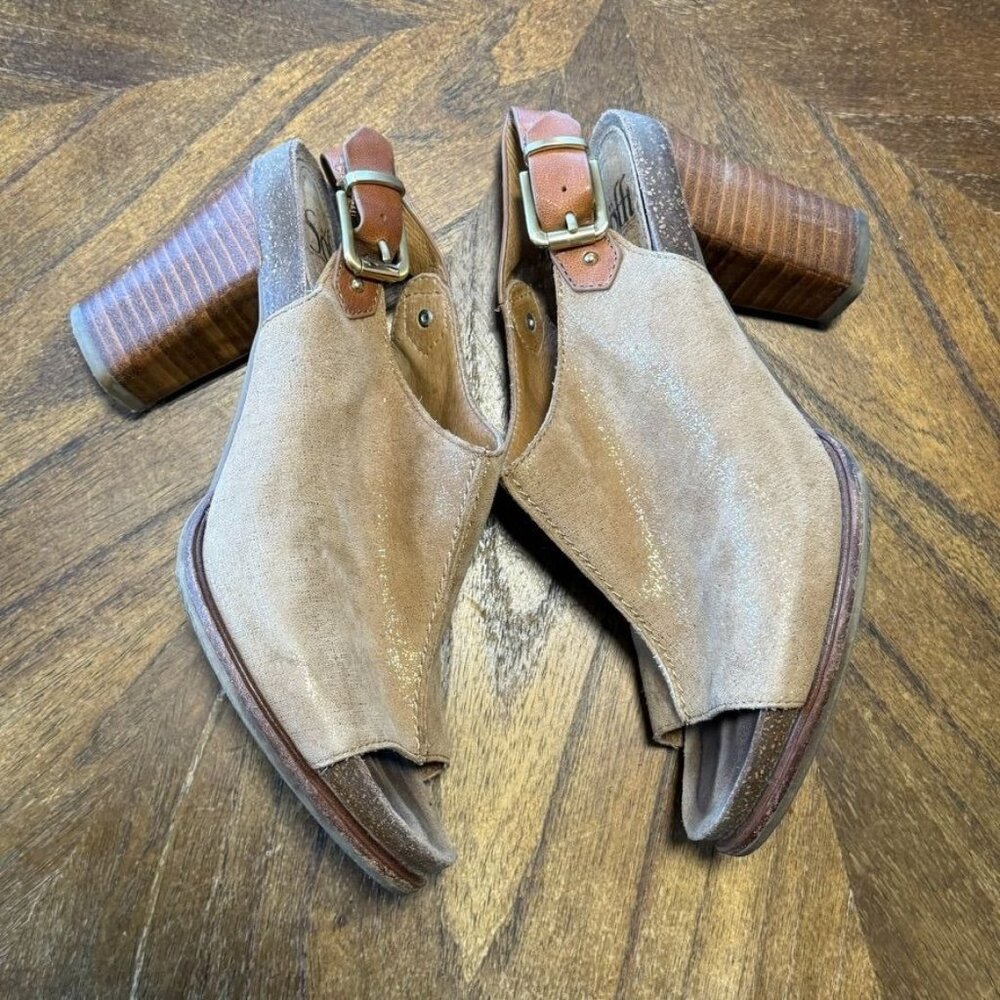 Sofft Heels Womens 8 Sidra Slingback Iridescent Open Toe Stacked Heel Tan